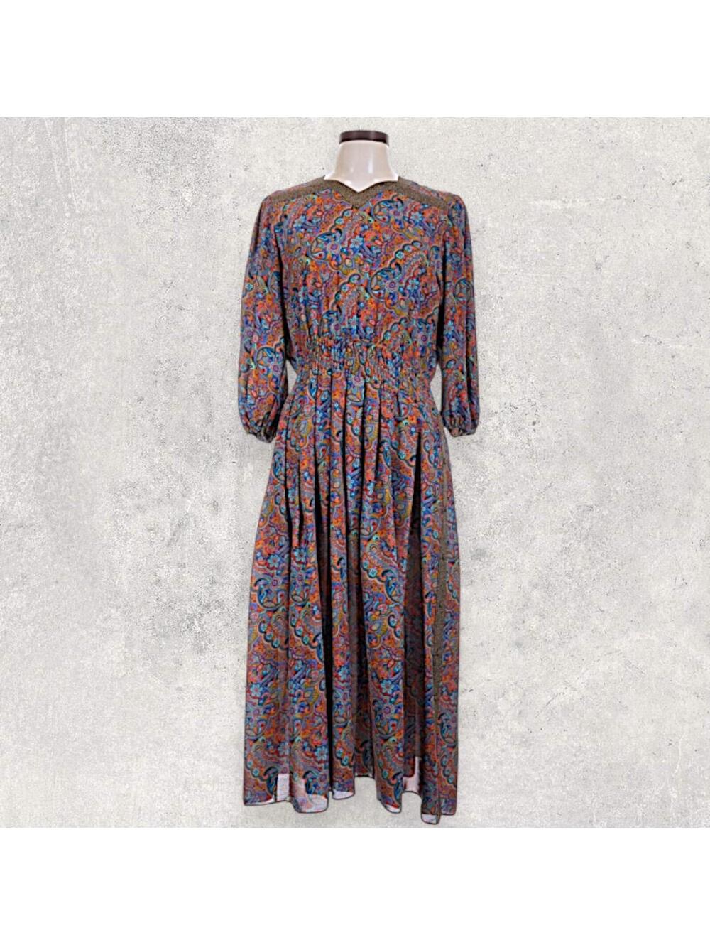 Vintage 80s / 90s Diane Freis Georgette Floral Paisley Colorful Midi Dress OS